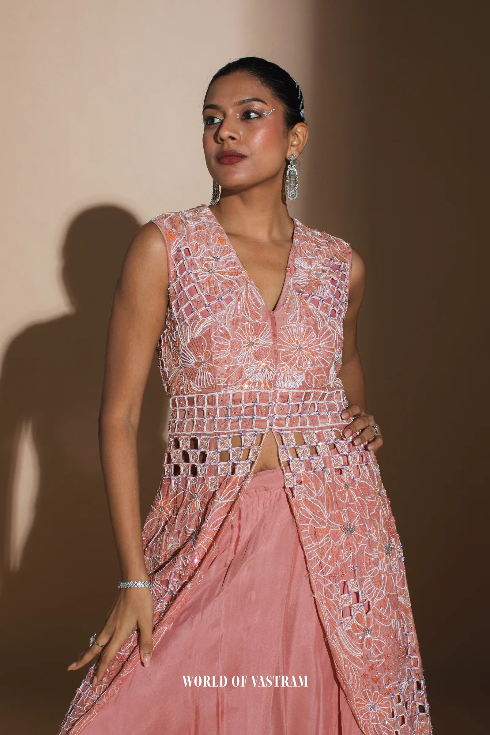 Peach upada silk  top with  flat chifforn lehenga set