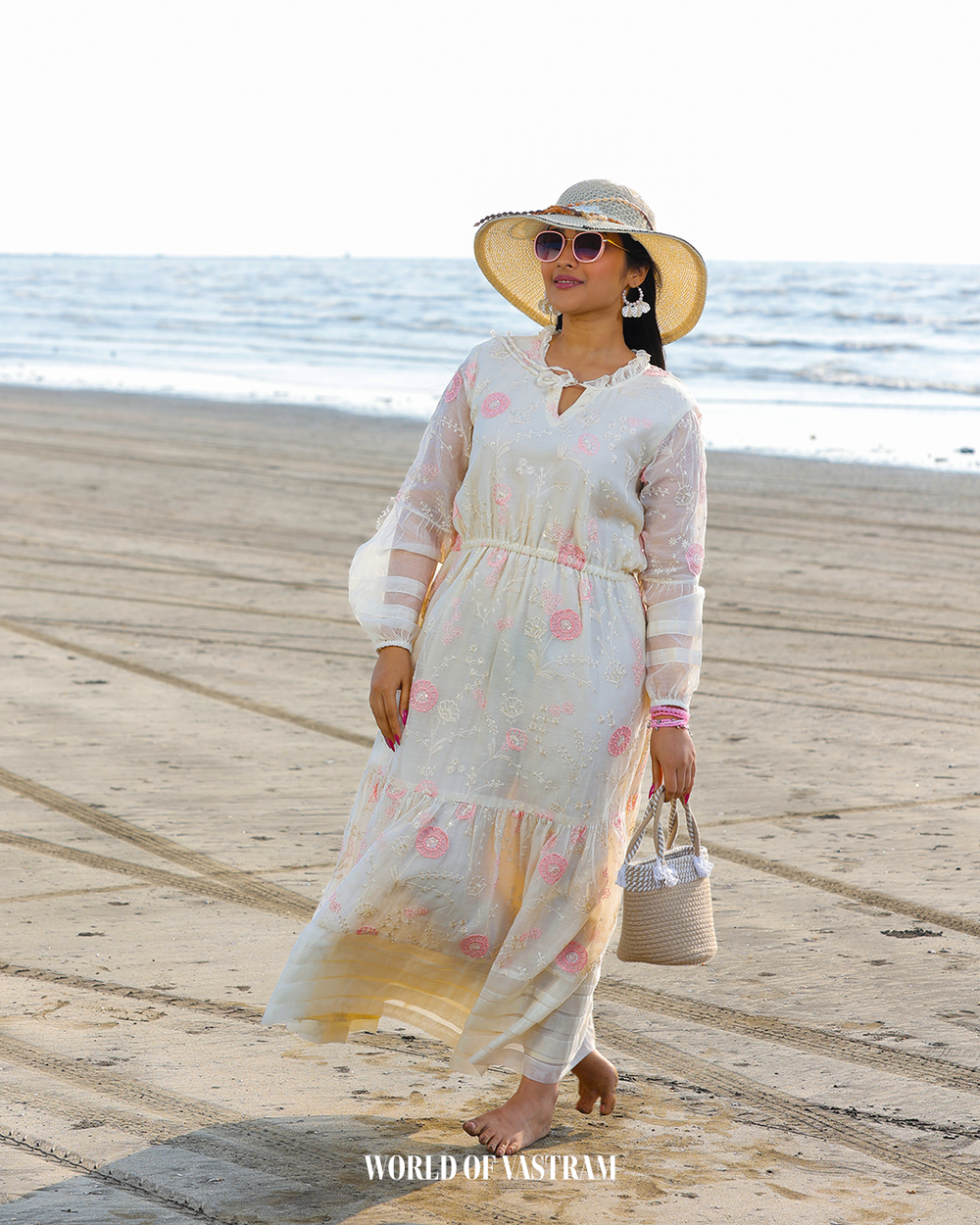 OFF white Pink Floral Long Dress
