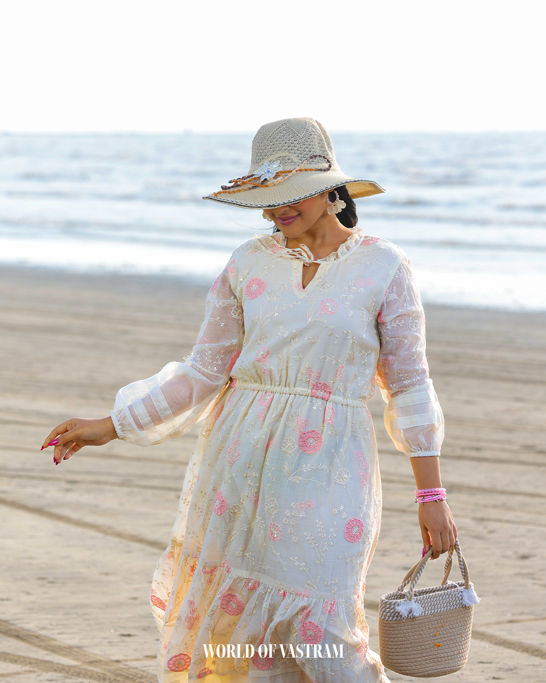 OFF white Pink Floral Long Dress