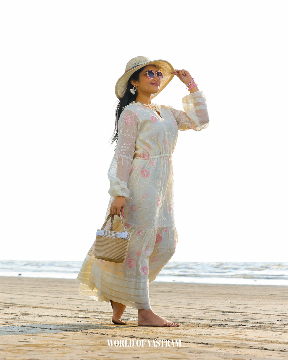 OFF white Pink Floral Long Dress