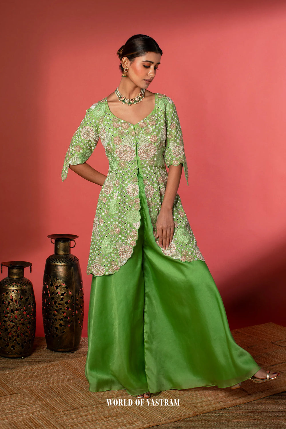 Green Peplum + Pallazo Peacock work