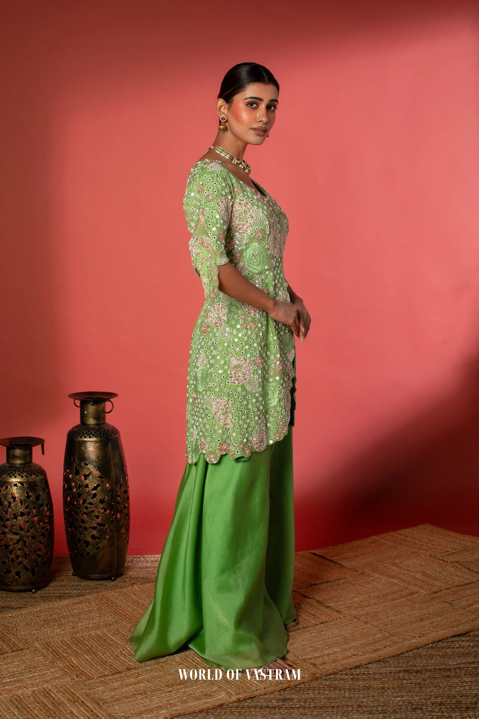 Green Peplum + Pallazo Peacock work