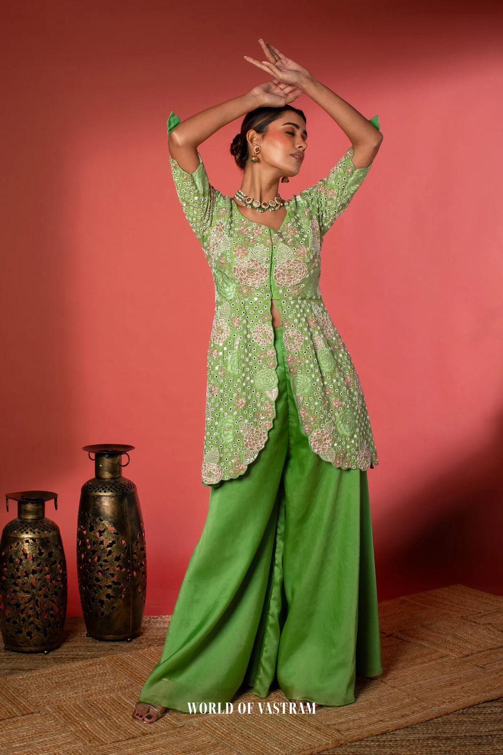 Green Peplum + Pallazo Peacock work