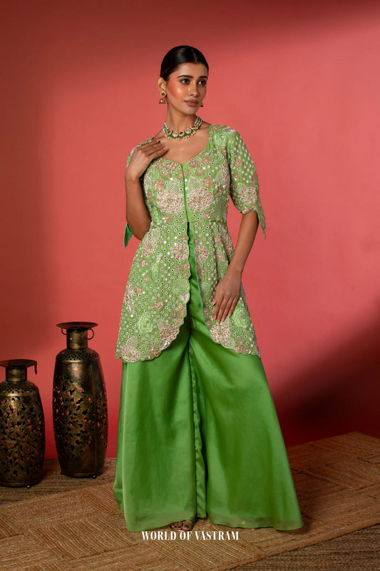 Green Peplum + Pallazo Peacock work