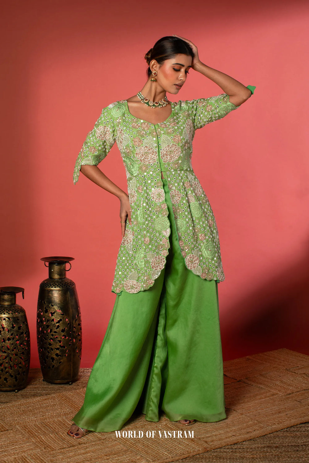 Green Peplum + Pallazo Peacock work