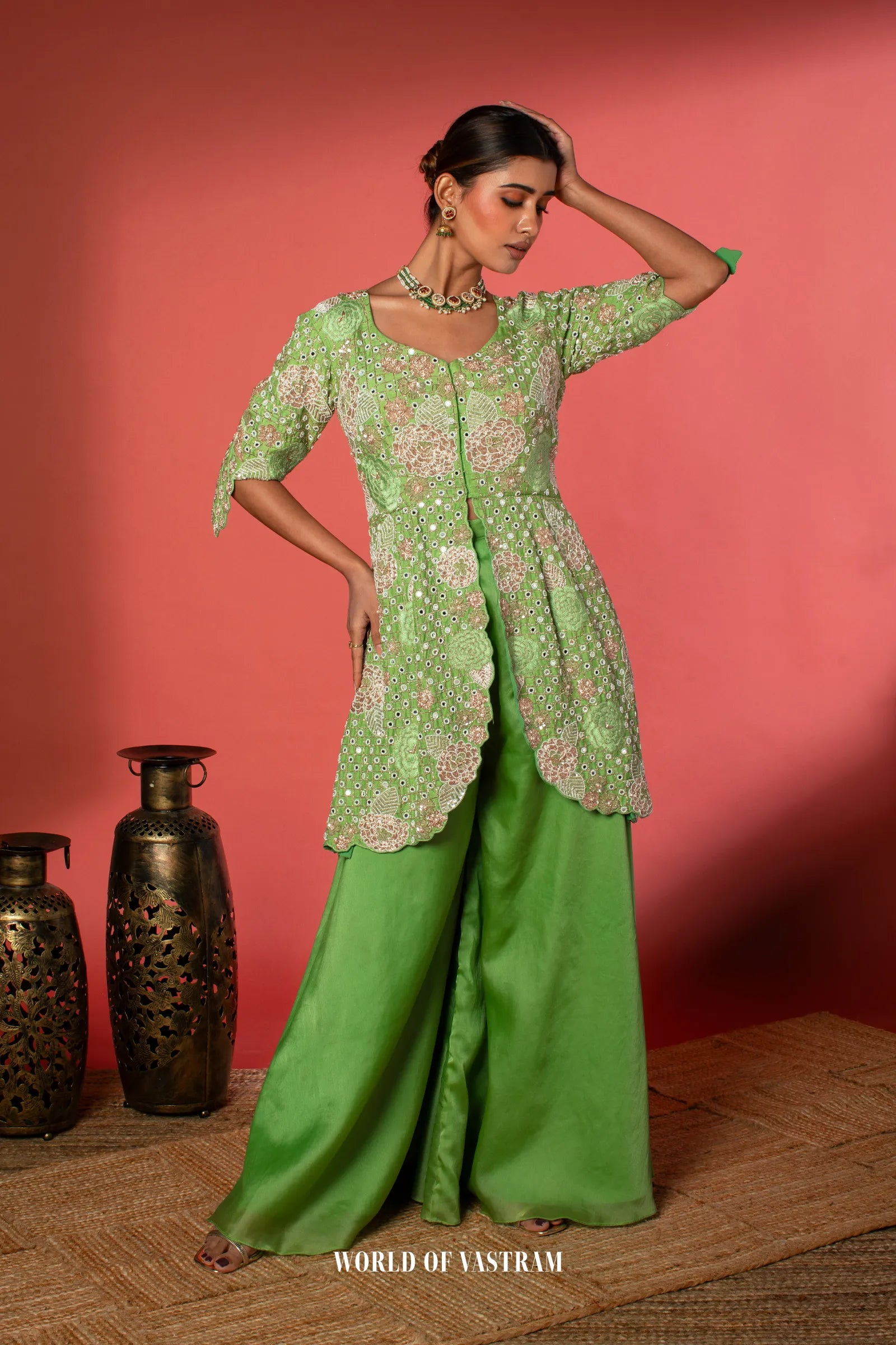Green Peplum + Pallazo Peacock work