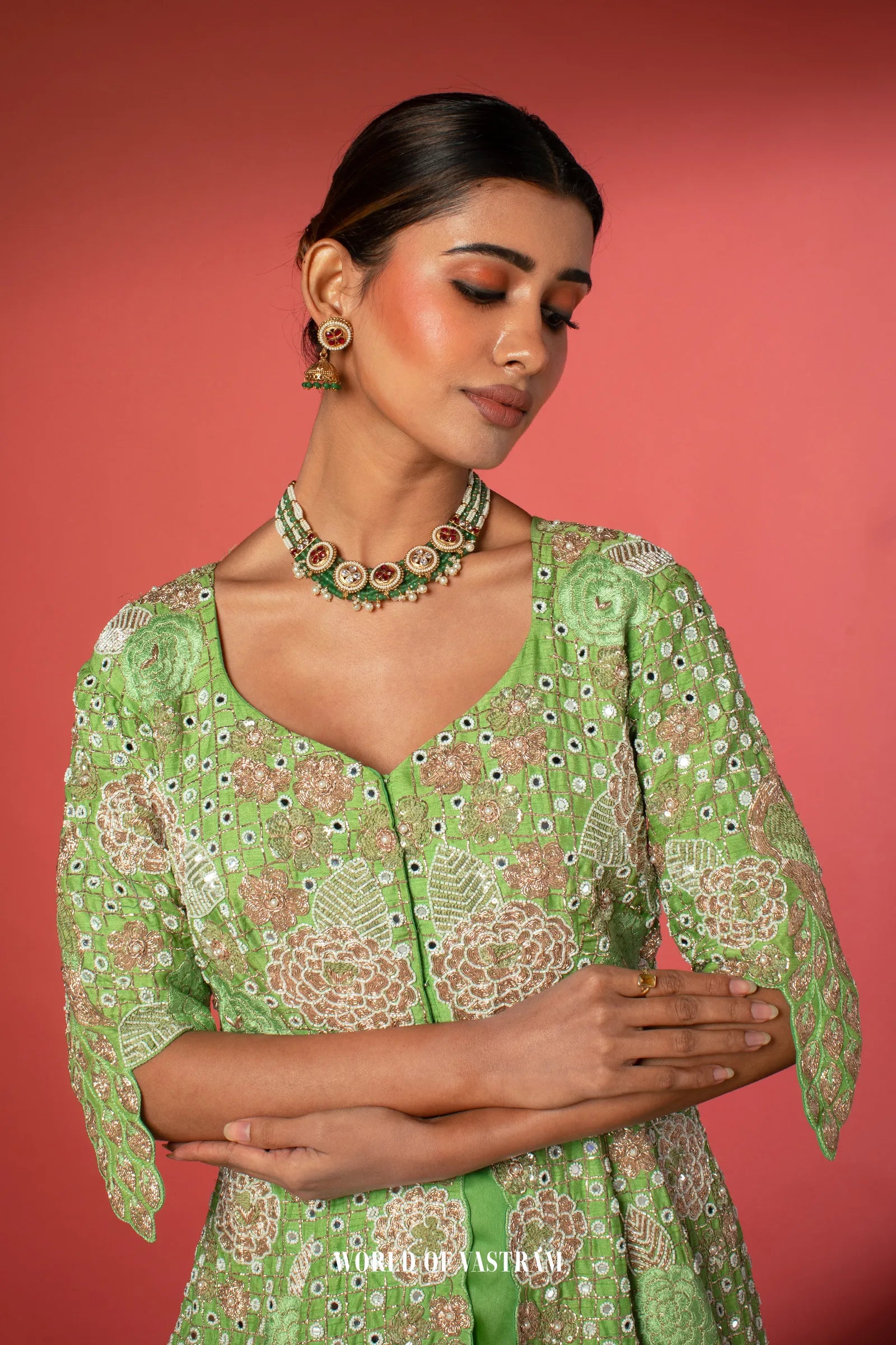 Green Peplum + Pallazo Peacock work