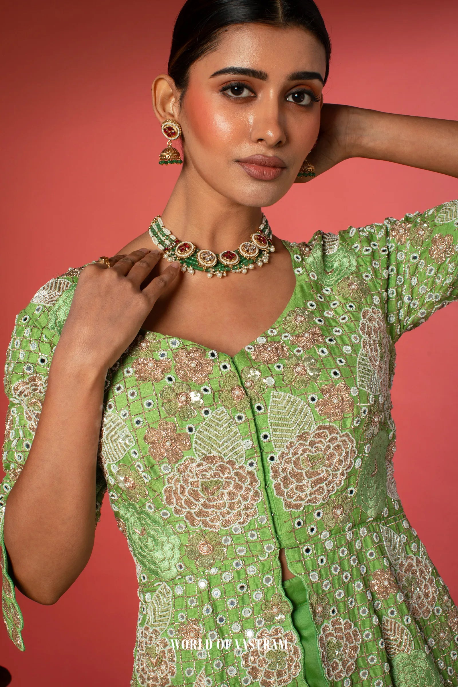 Green Peplum + Pallazo Peacock work