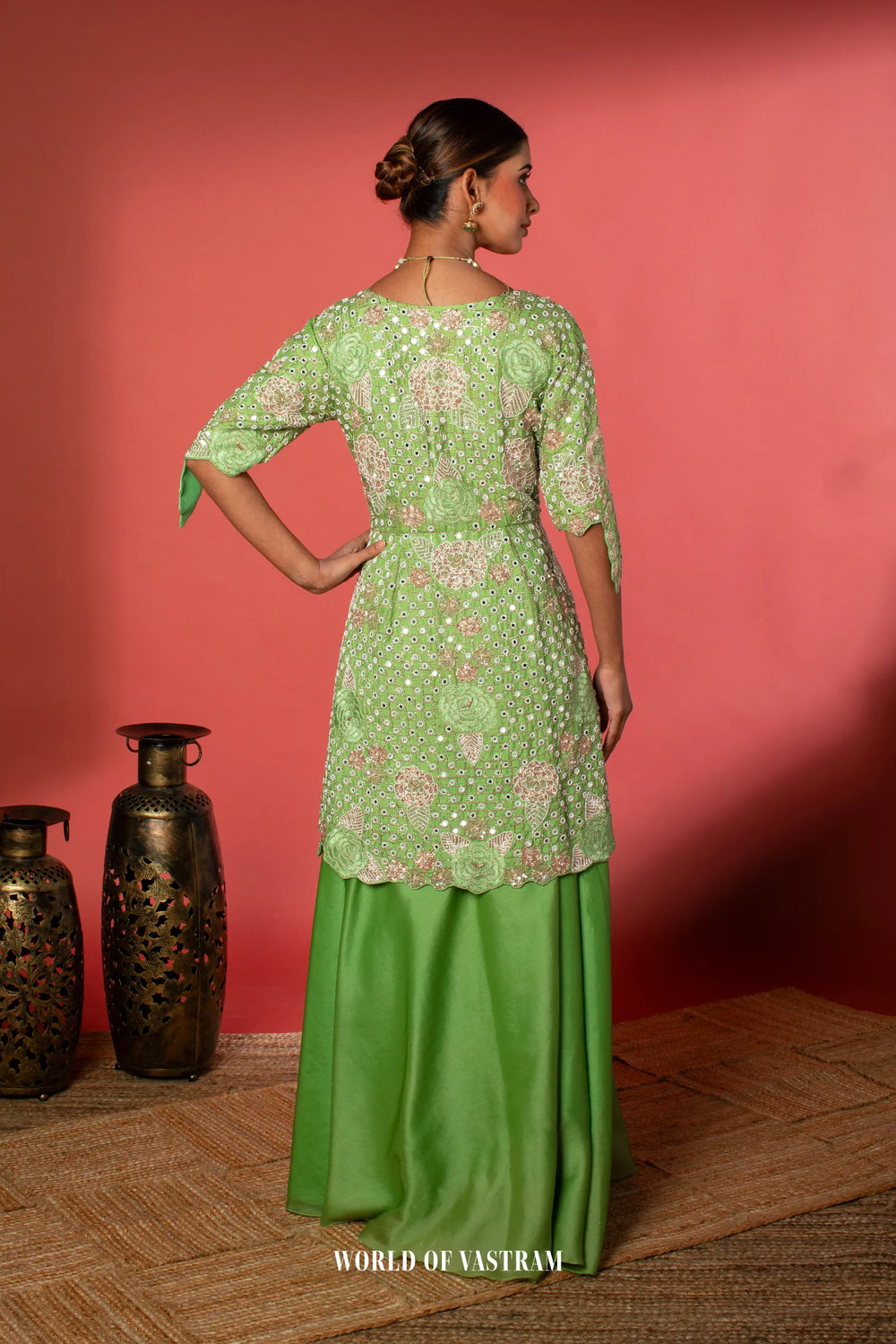 Green Peplum + Pallazo Peacock work