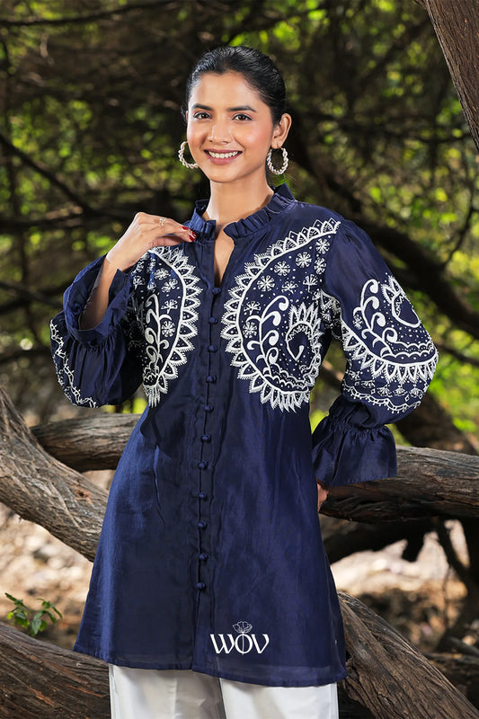 Navy Blue White Circle Work Short Top