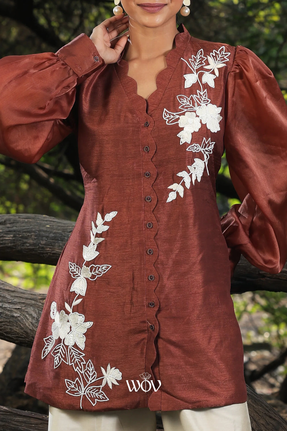 Brown white pearl seuence Work Short Top