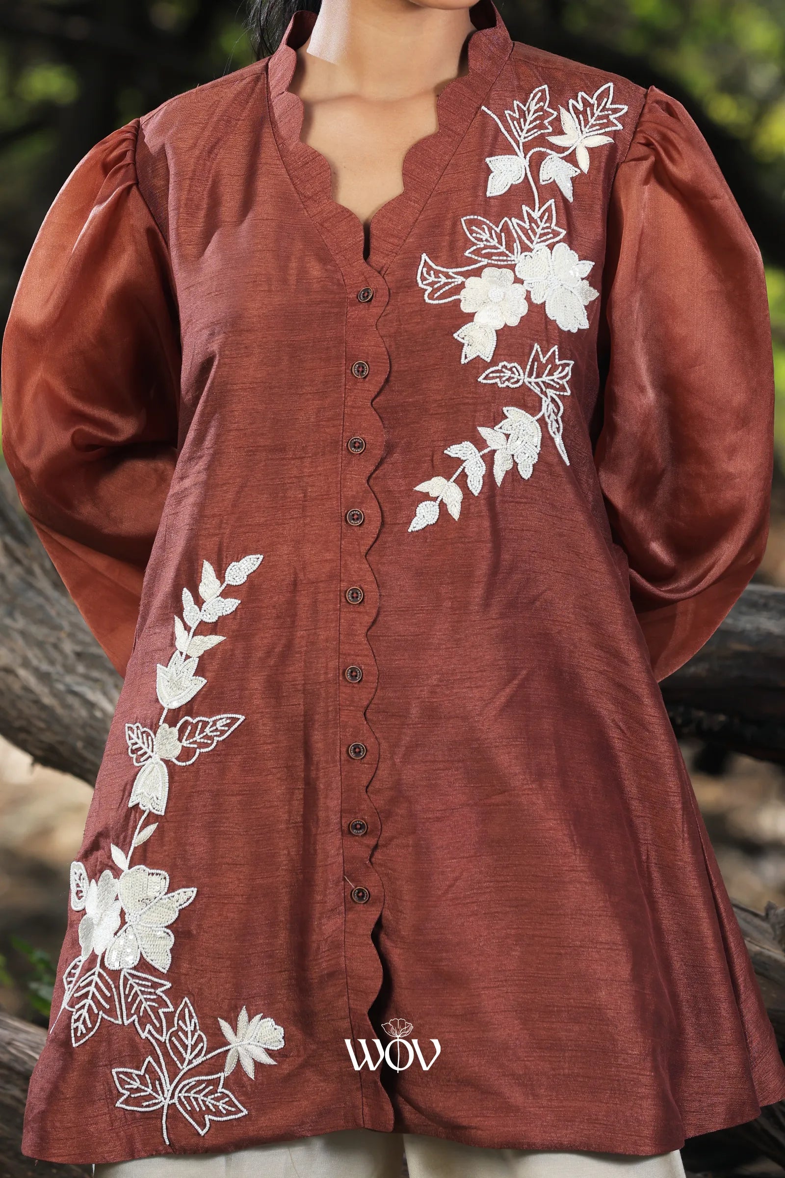 Brown white pearl seuence Work Short Top