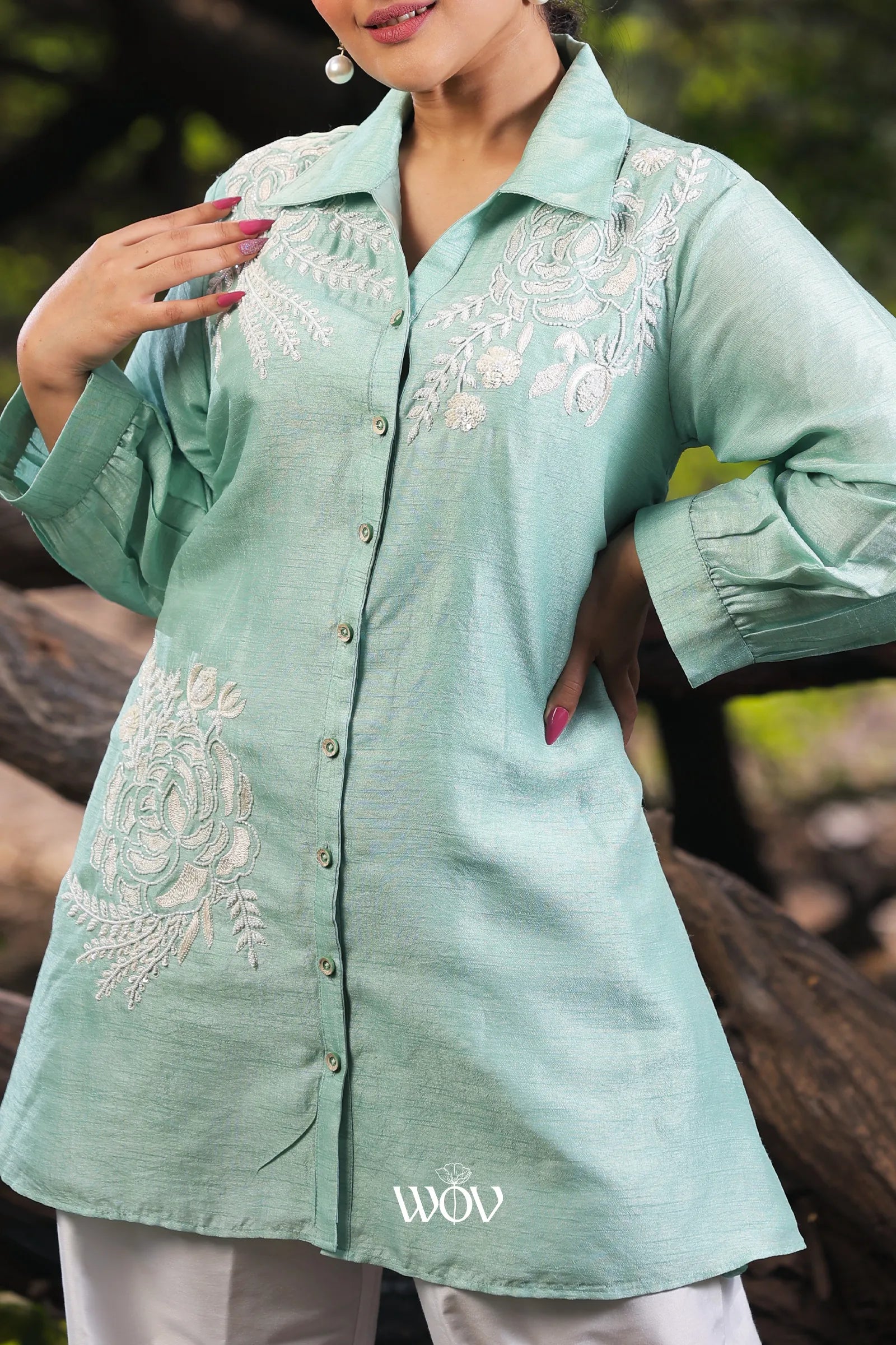 Sea Green White Pearl Thread work Short Top