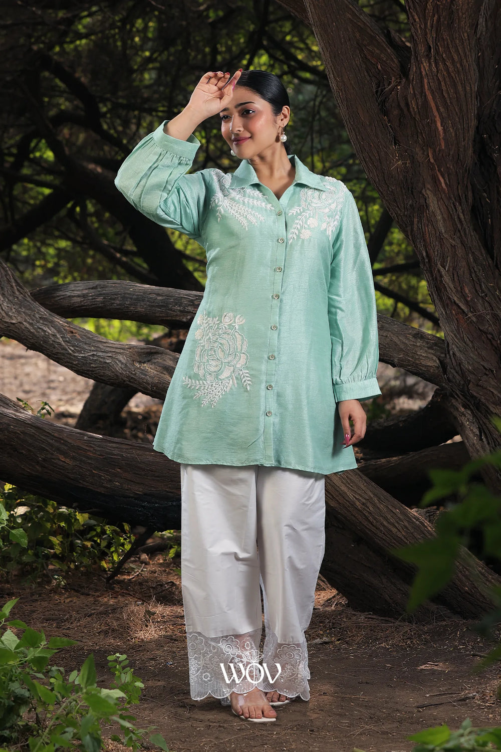 Sea Green White Pearl Thread work Short Top