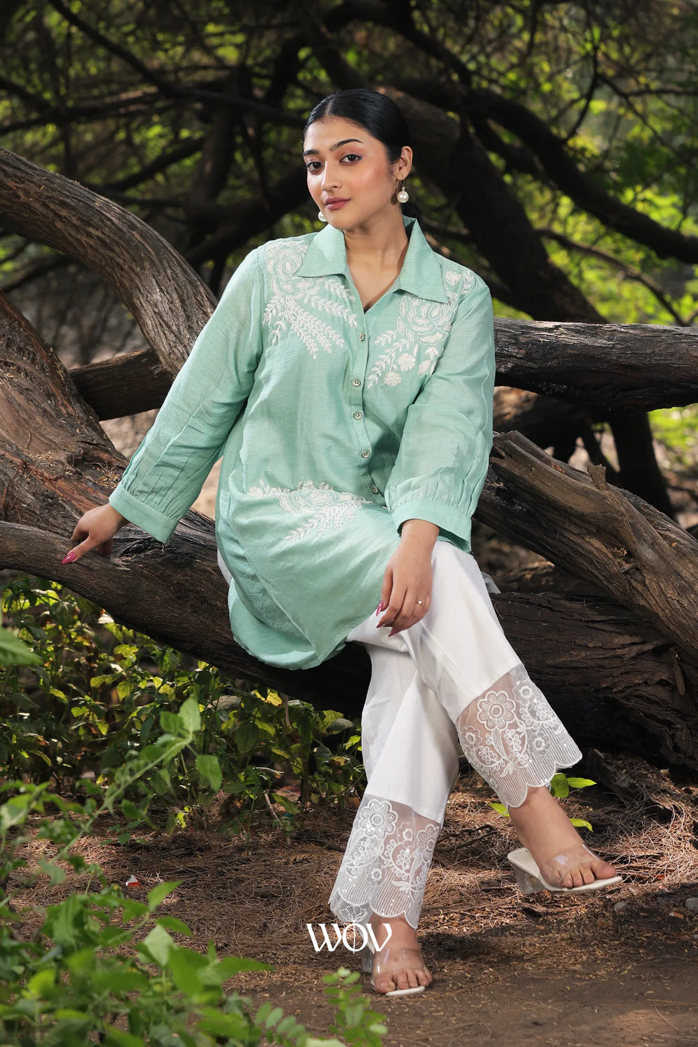Sea Green White Pearl Thread work Short Top
