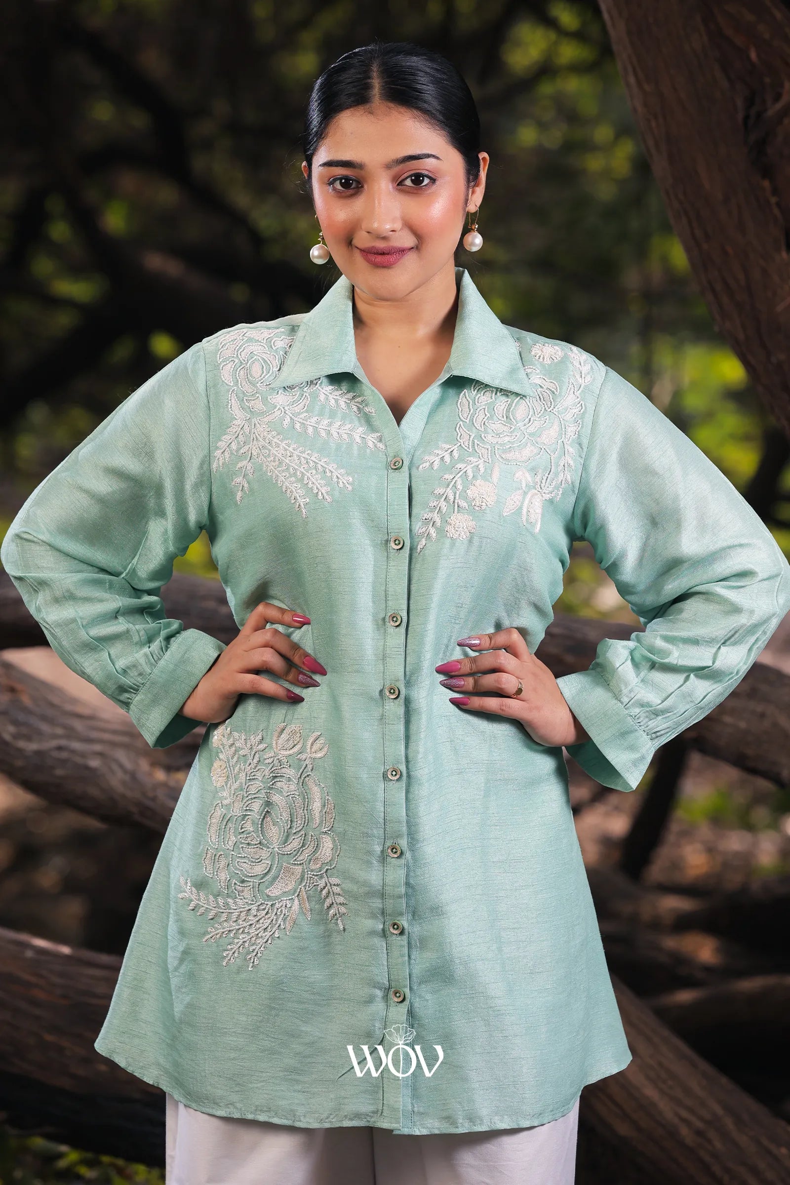 Sea Green White Pearl Thread work Short Top