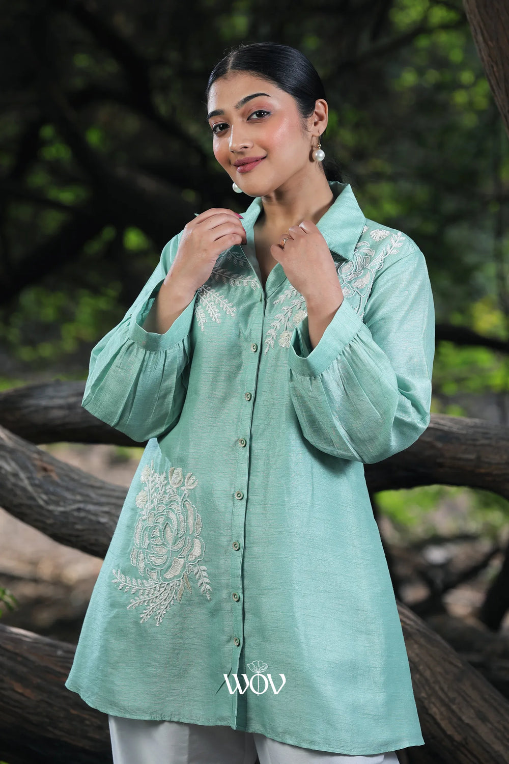 Sea Green White Pearl Thread work Short Top