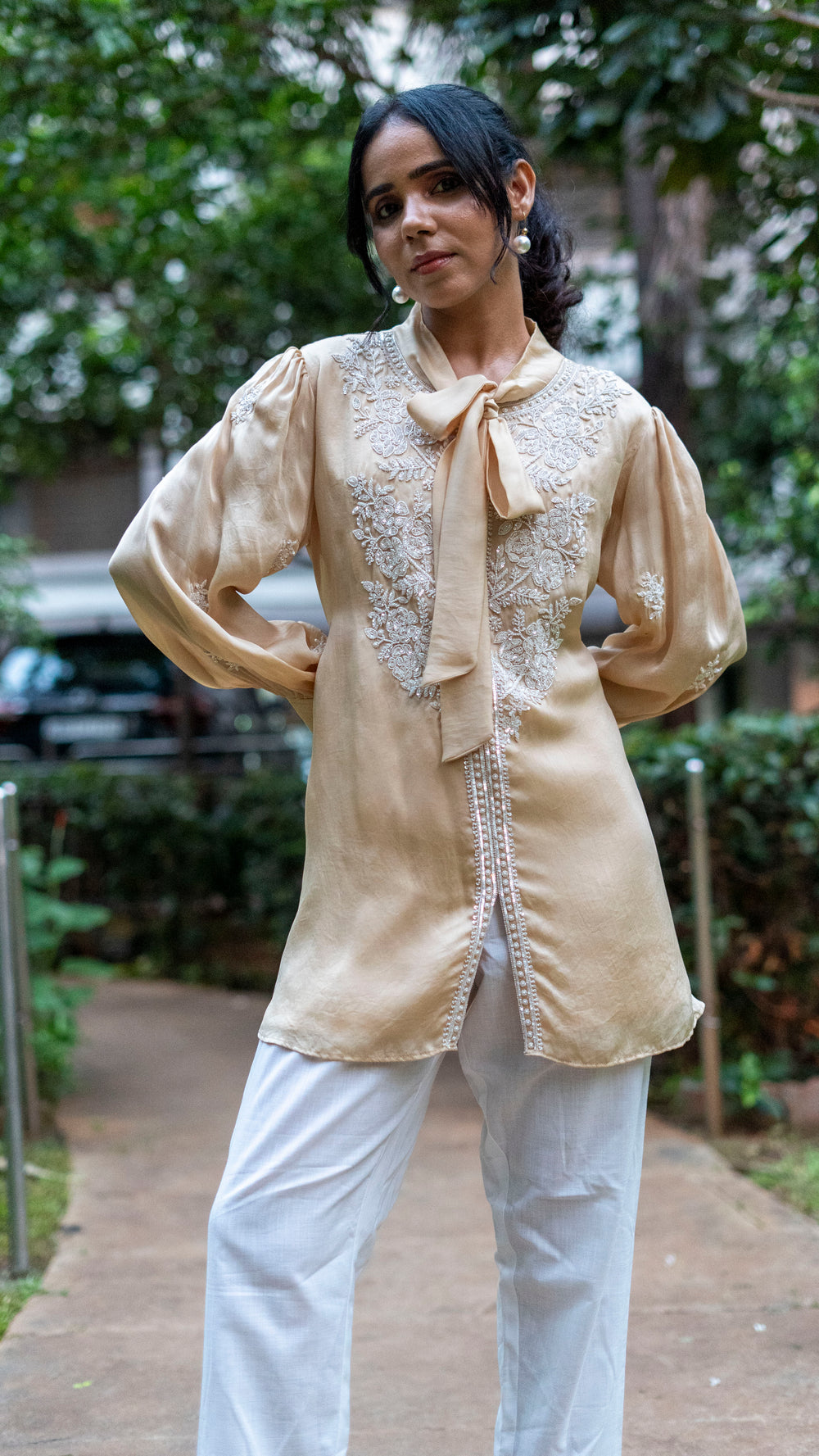 Cream bow silk organza top
