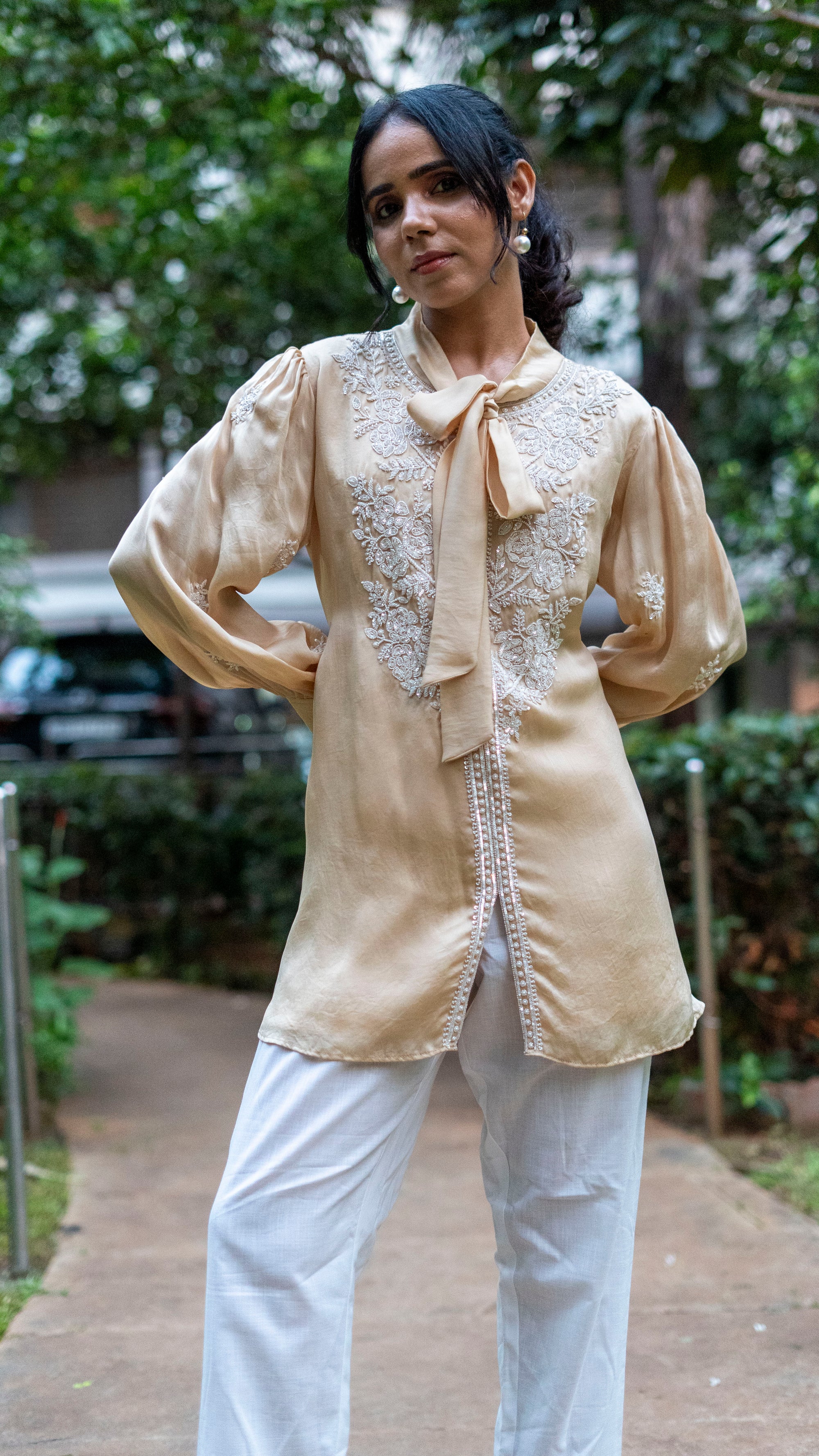 Cream bow silk organza top