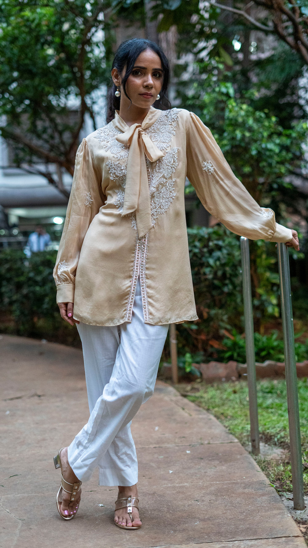 Cream bow silk organza top