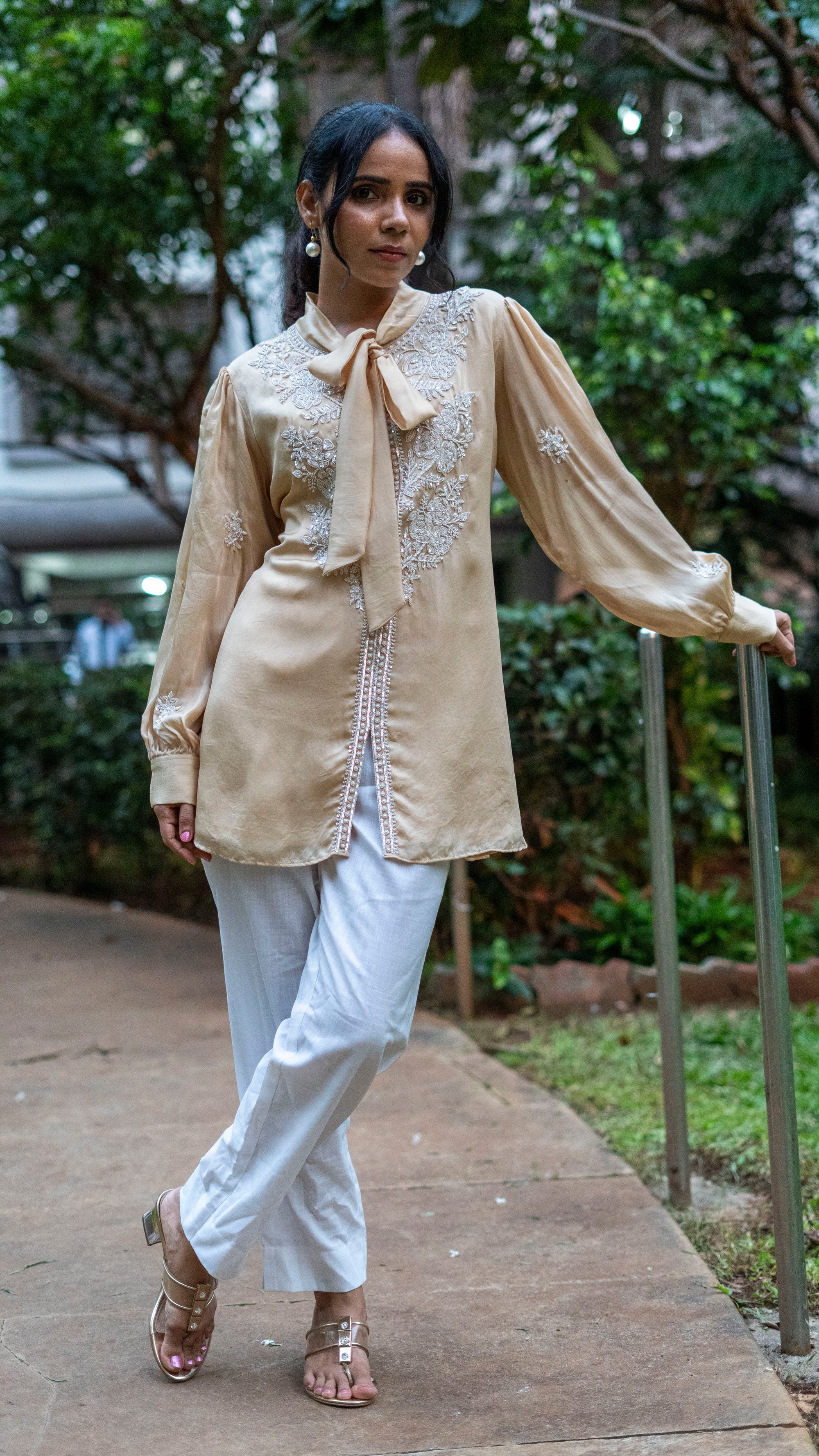 Cream bow silk organza top