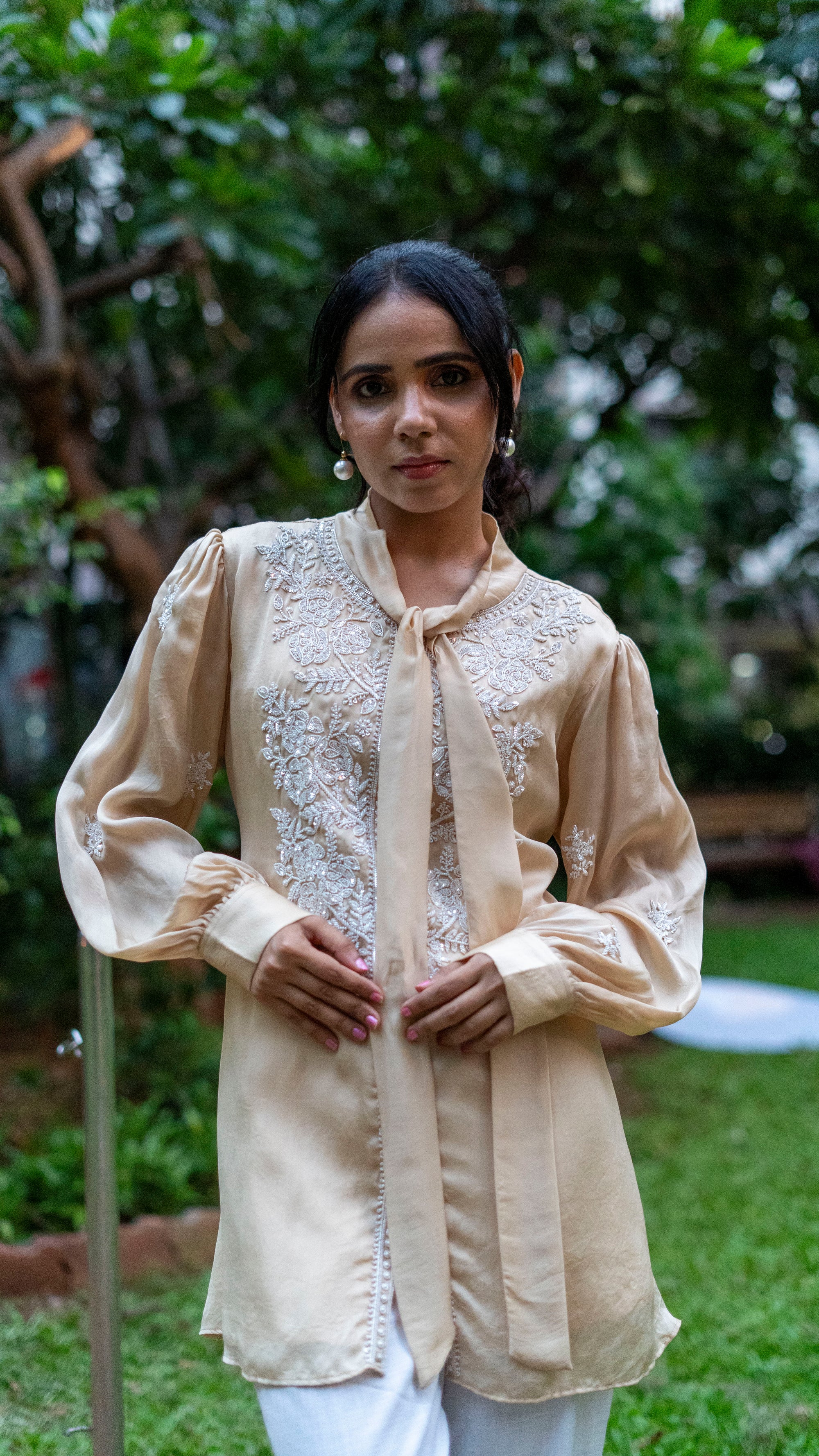 Cream bow silk organza top